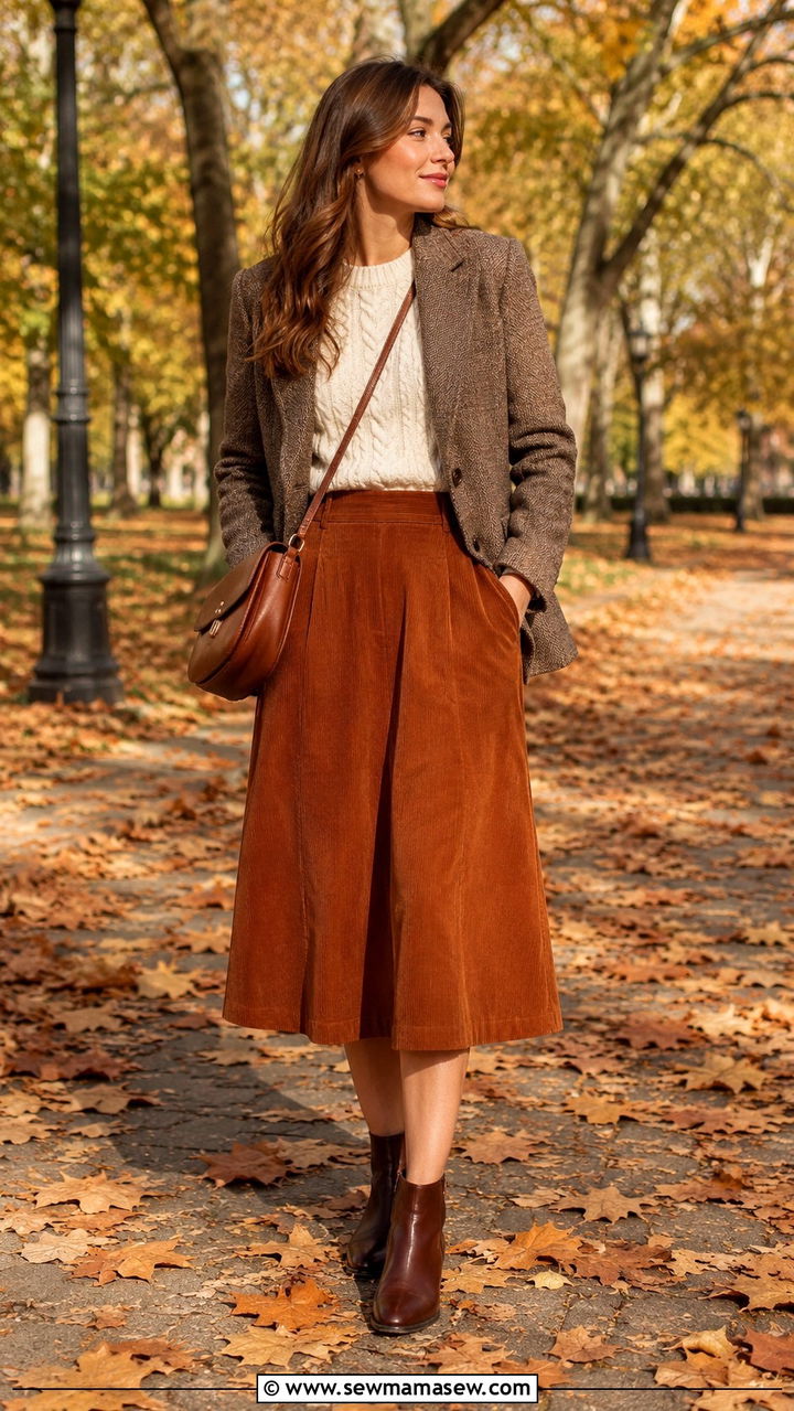 Brown tweed blazer with corduroy A line skirt - 20 Tweed blazer outfit ideas with a skirt