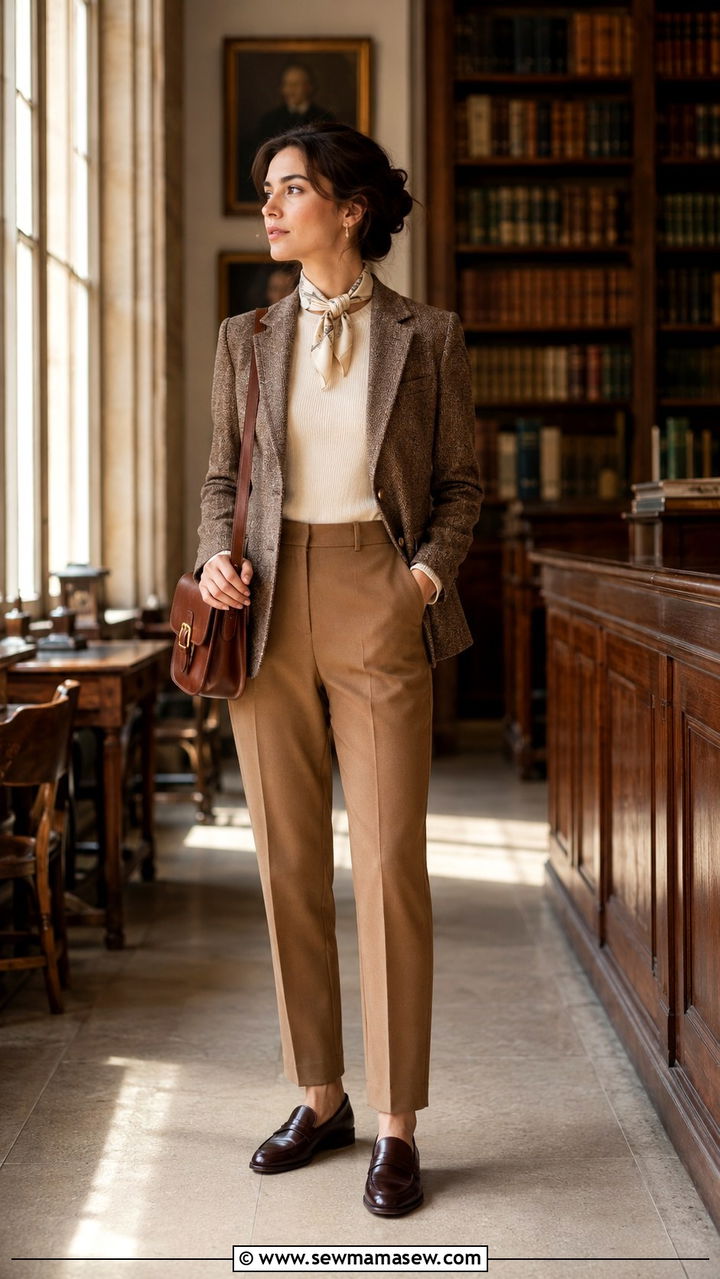 Brown tweed jacket with camel tailored trousers - 30 modest job interview outfit ideas