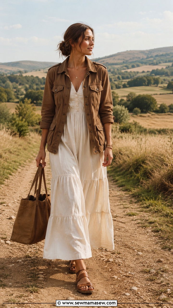 Brown utility jacket with cream maxi dress outfit - 30 Brown and cream outfit ideas