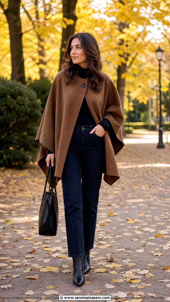 Brown wool poncho coat with black ankle boots - 25 windy day outfits 2026