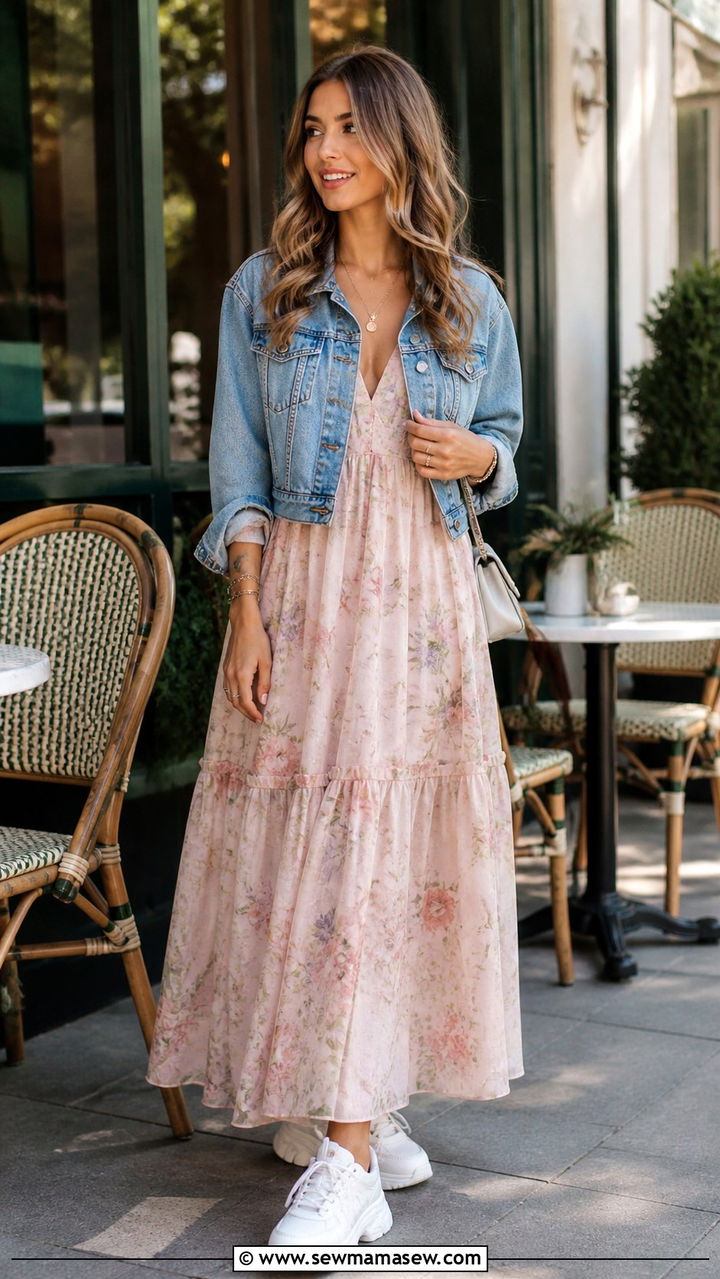 Brunch Maxi Dress With Denim Jacket And Platform Sneakers - 40 maxi dress outfits