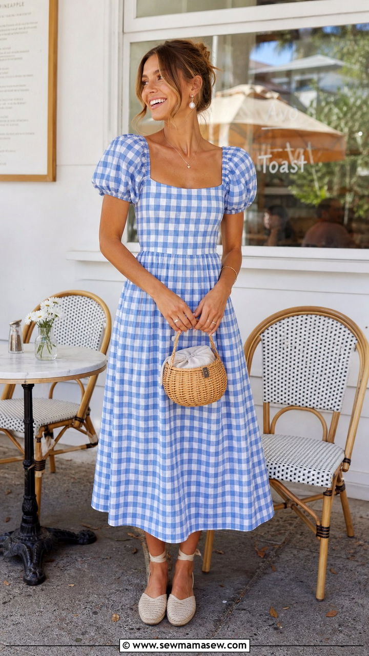 Brunch outfit with a gingham dress and basket bag - 40 What to wear in summer