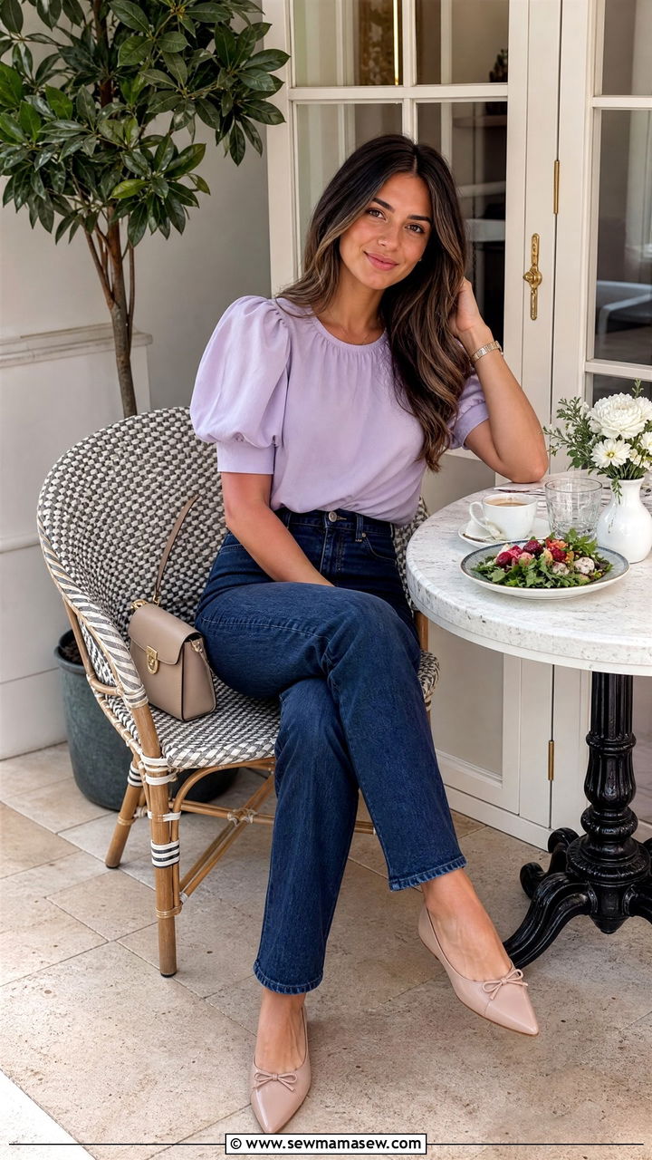 Brunch outfit with high waisted jeans and puff sleeve blouse - 25 Brunch outfit ideas Saturday casual