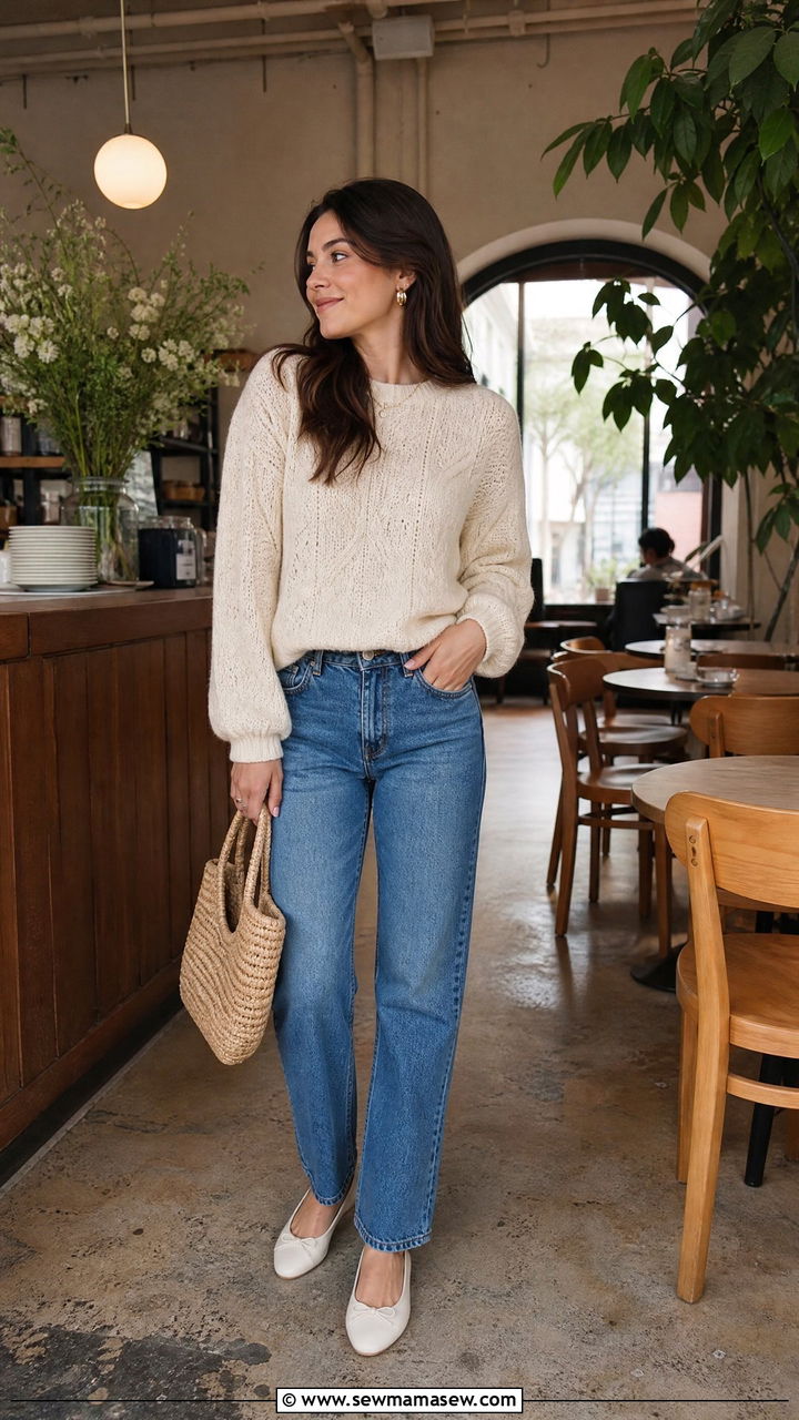 Brunch outfit with white knit sweater and jeans - 25 Brunch outfit ideas Saturday casual