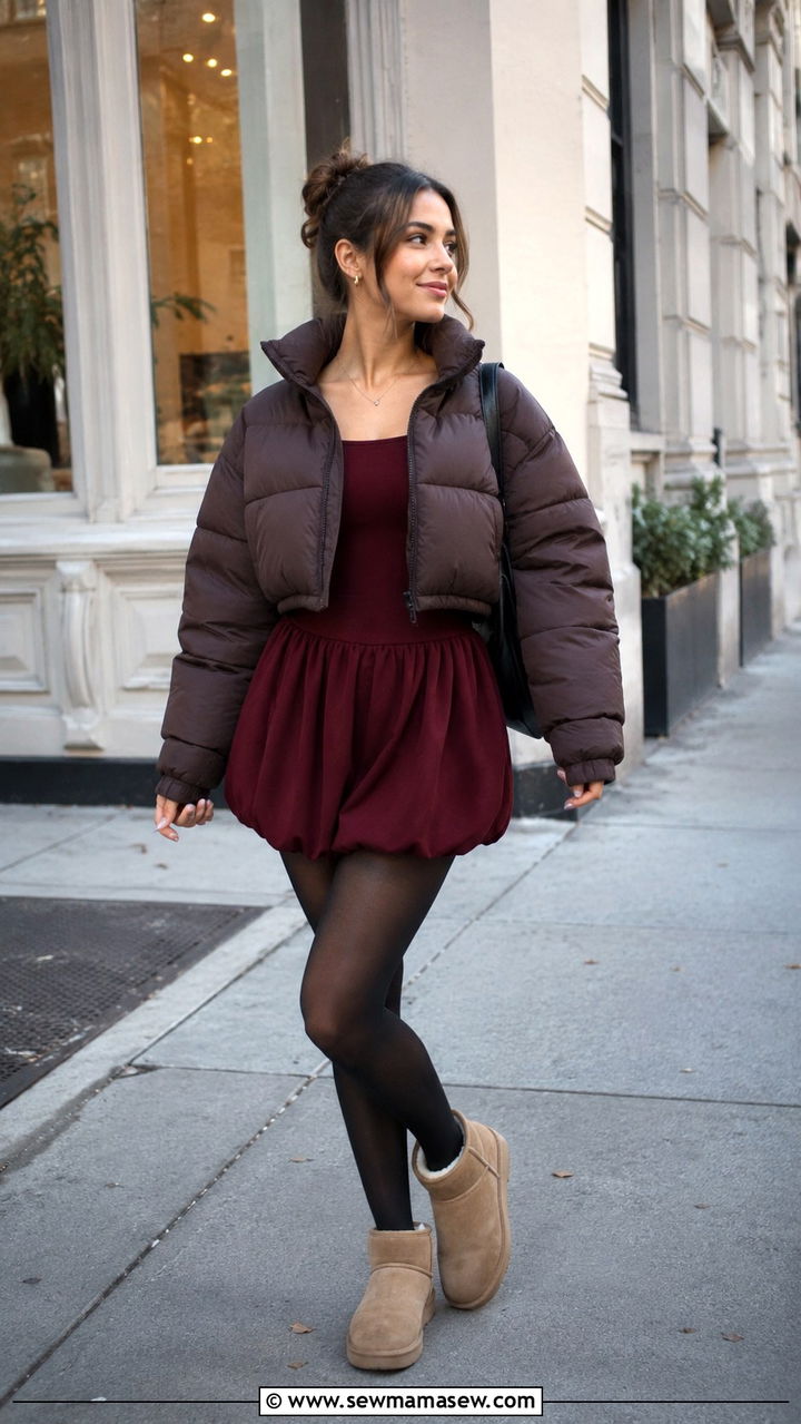 Bubble Hem Dress with Ultra Mini Uggs Outfit - 25 Uggs with dress outfit ideas