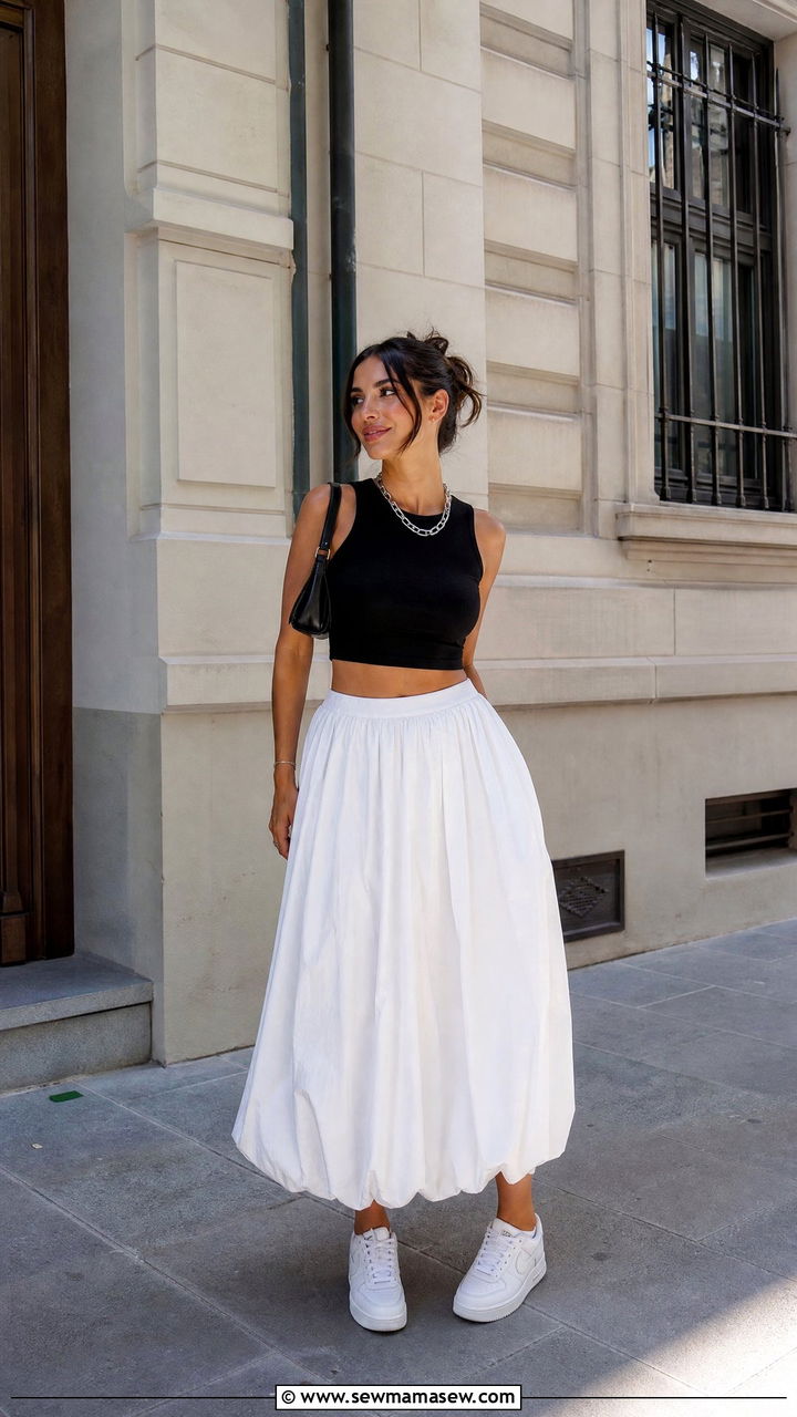 Bubble Hem Maxi Skirt With Cropped Tank And White Sneakers - 35 maxi skirt outfits aesthetic