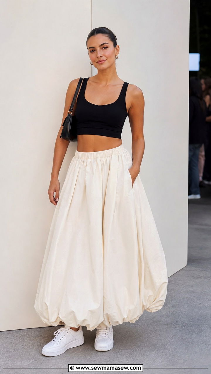 Bubble Hem Maxi Skirt With Cropped Tank and White Sneakers - 30 Maxi skirt outfit ideas with sneakers