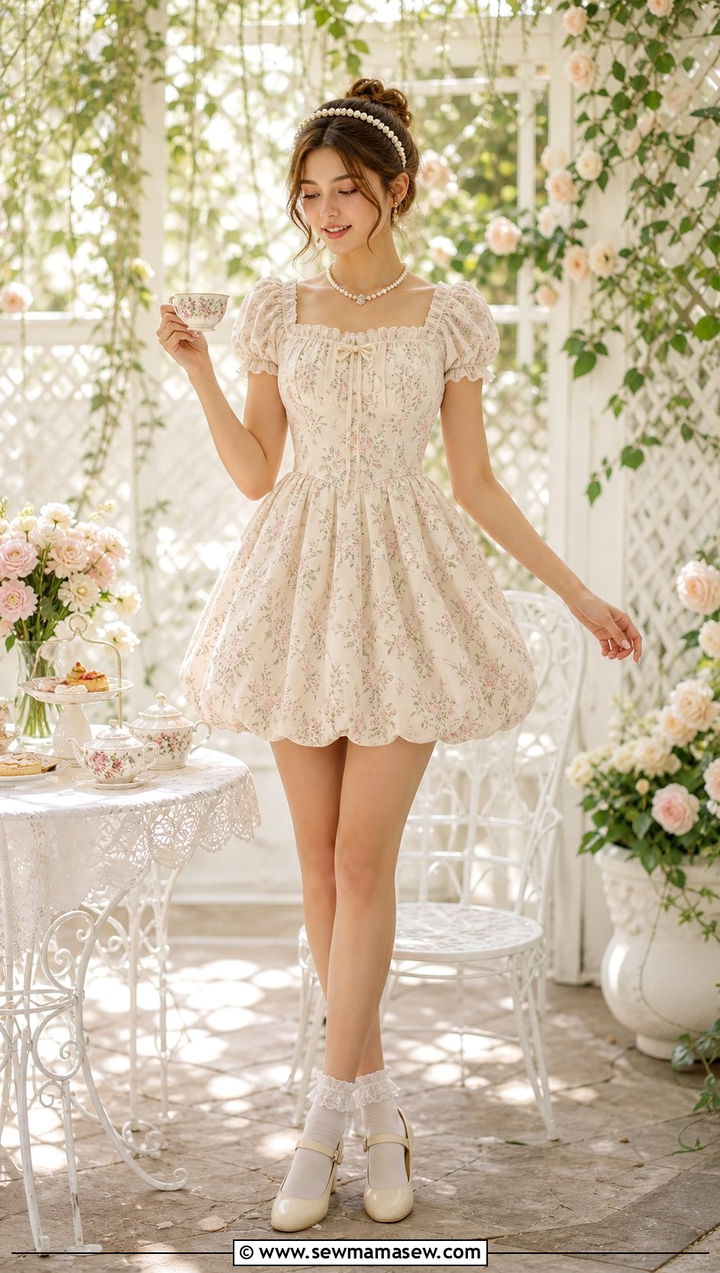 Bubble Hem Mini Dress With Pearl Headband And Ankle Socks - 25 summer fairycore outfit ideas