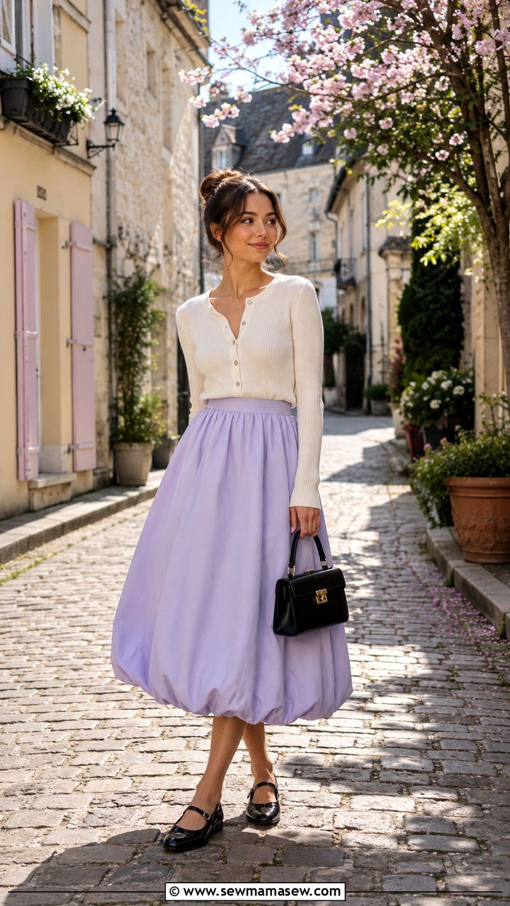 Bubble Midi Skirt With Fitted Cardigan And Mary Jane Flats - 30 Spring outfits with midi skirts