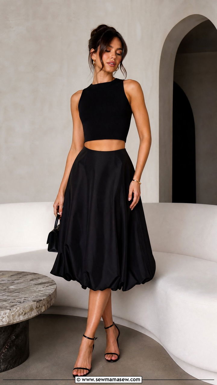 Bubble hem midi skirt with fitted crop top and heels - 25 chic midi skirt outfit ideas