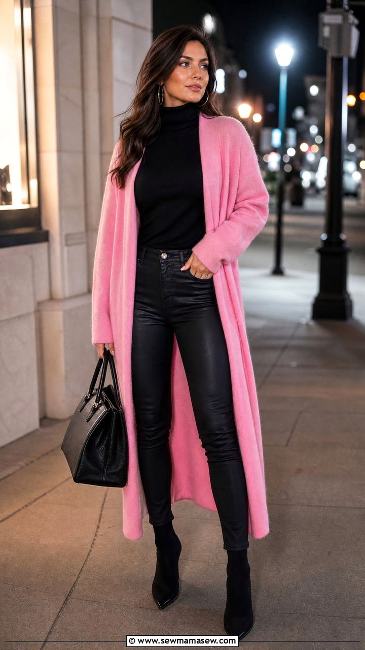 Bubblegum Pink Duster Cardigan Over All Black Basics - 25 Bubblegum pink outfit ideas