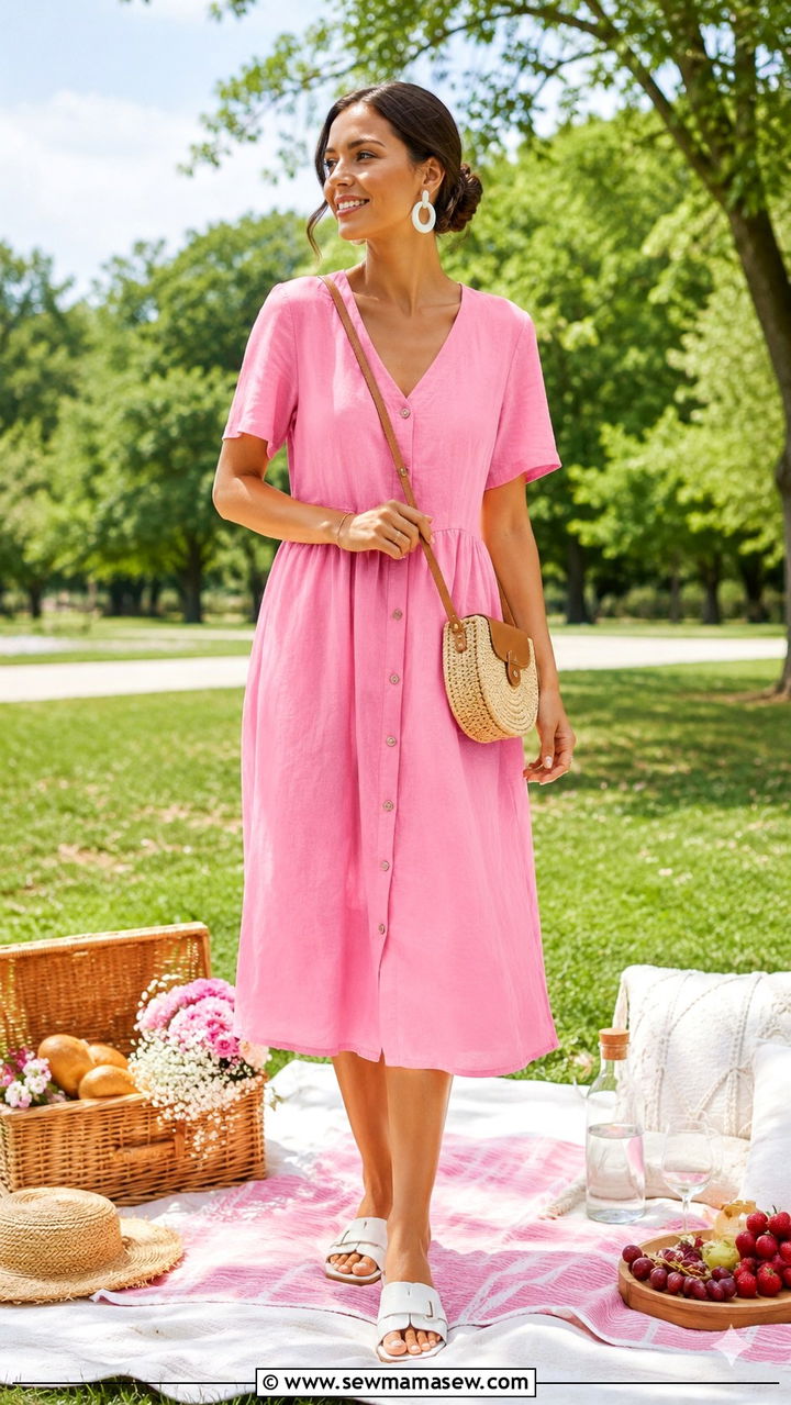 Bubblegum Pink Linen Midi Dress Outfit - 30 Mid summer outfits