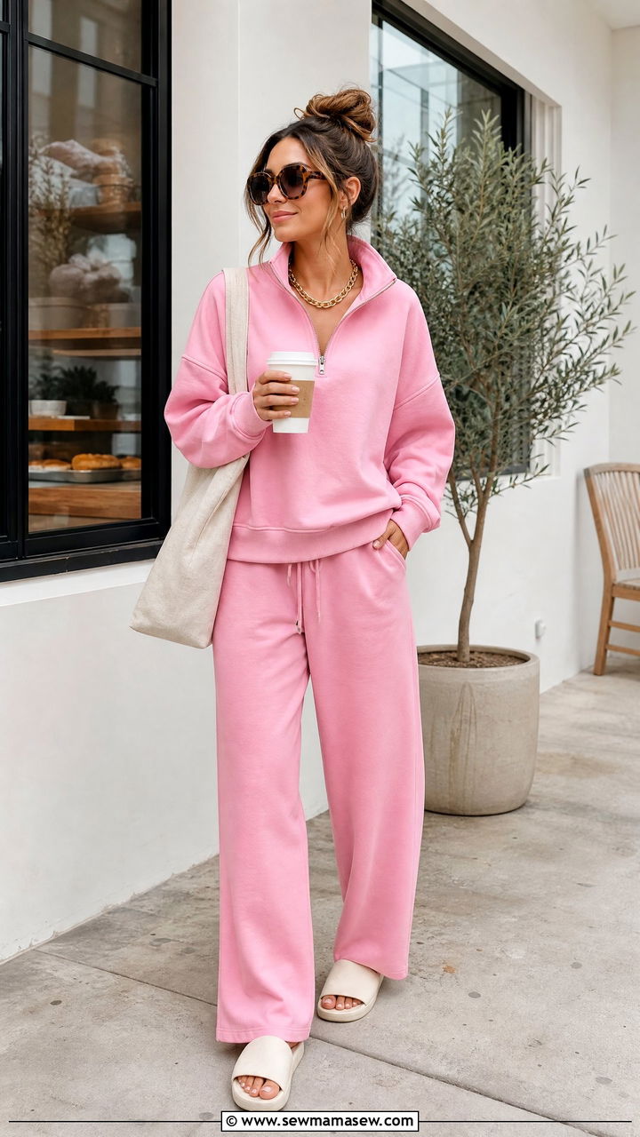 Bubblegum Pink Matching Lounge Set With Slide Sandals - 25 Bubblegum pink outfit ideas