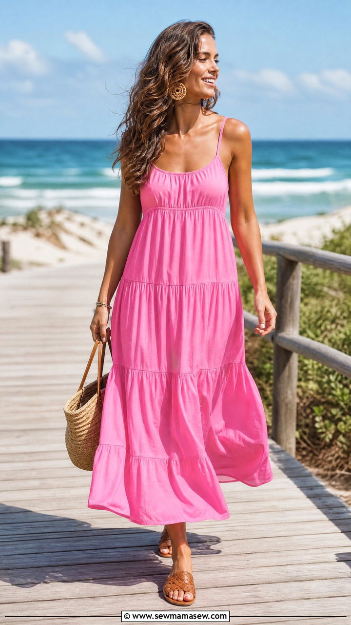 Bubblegum Pink Maxi Dress With Flat Woven Sandals - 25 Bubblegum pink outfit ideas