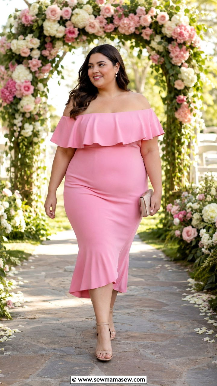 Bubblegum Pink Off Shoulder Ruffle Dress with Champagne Clutch - 30 Plus size wedding guest outfits spring