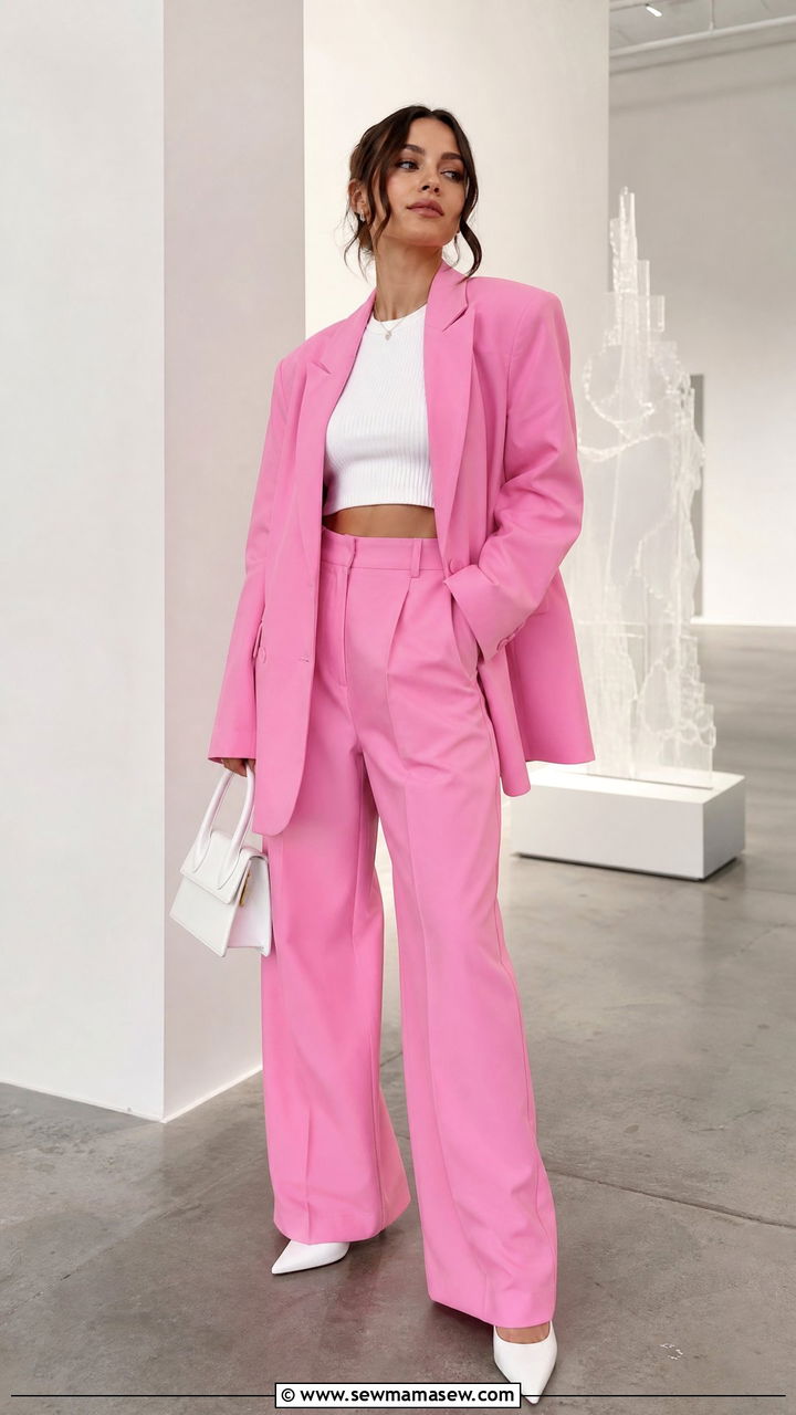 Bubblegum Pink Tailored Suit With A White Crop Top - 25 Bubblegum pink outfit ideas