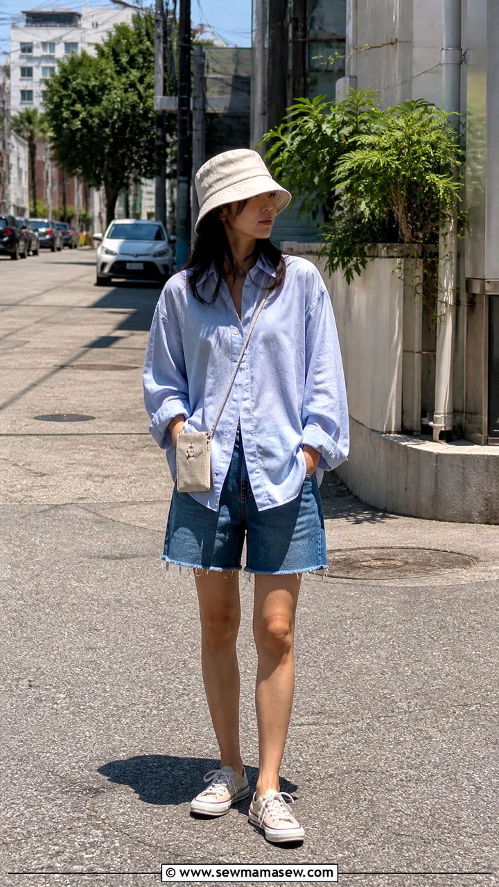 Bucket Hat With Oversized Shirt And Denim Shorts Seoul - 40 Seoul outfit ideas