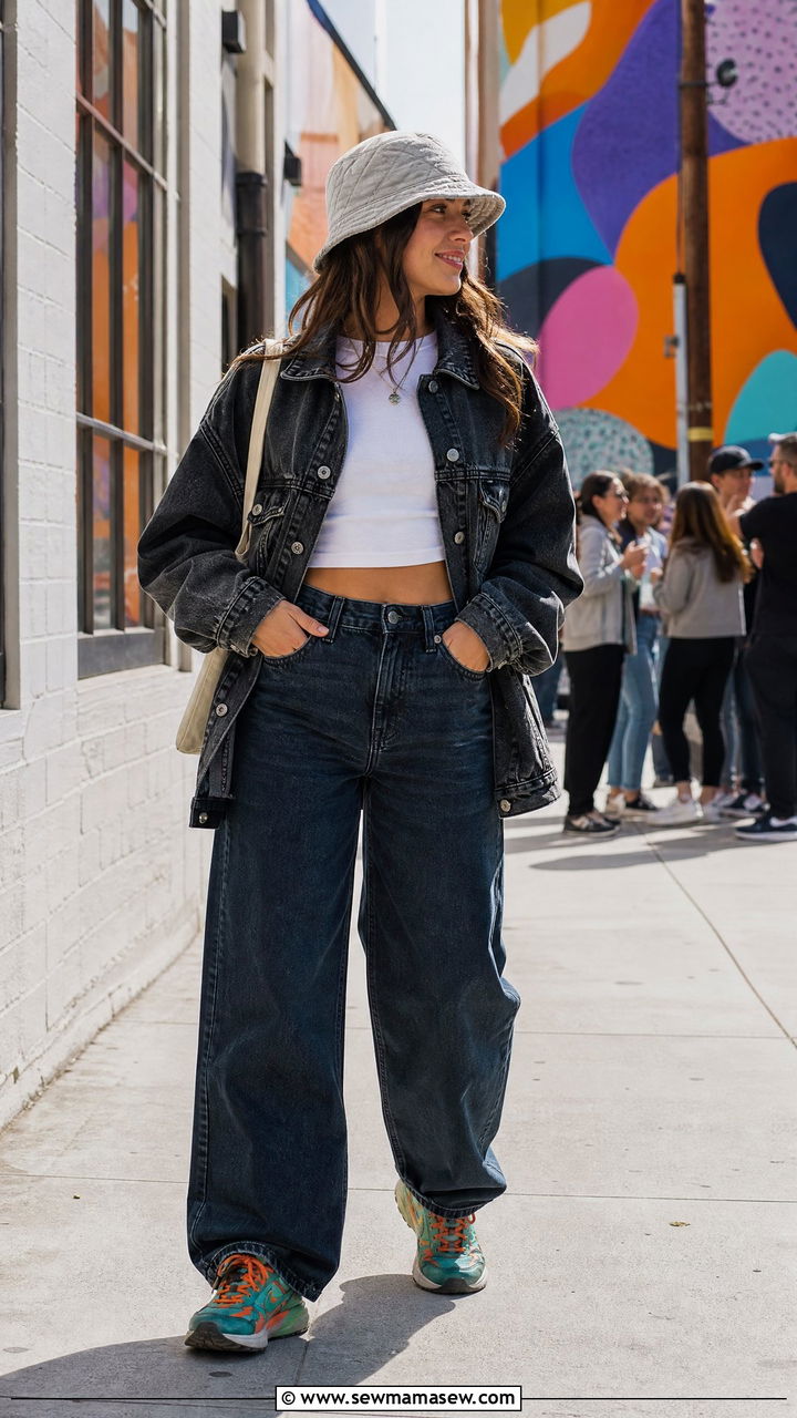 Bucket Hat and Oversized Denim Trail Runners Outfit - 25 Gorpcore outfit ideas 2026