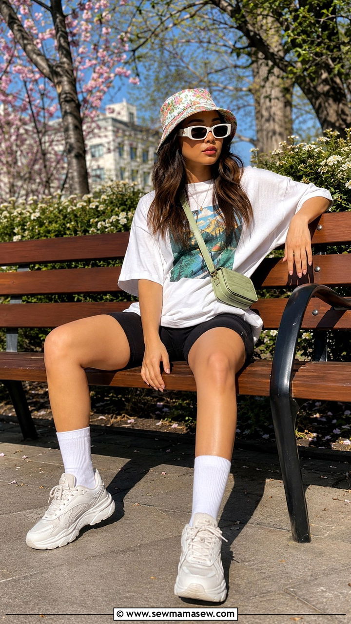 Bucket Hat with Oversized Tee and Biker Shorts - 30 spring streetwear outfit ideas