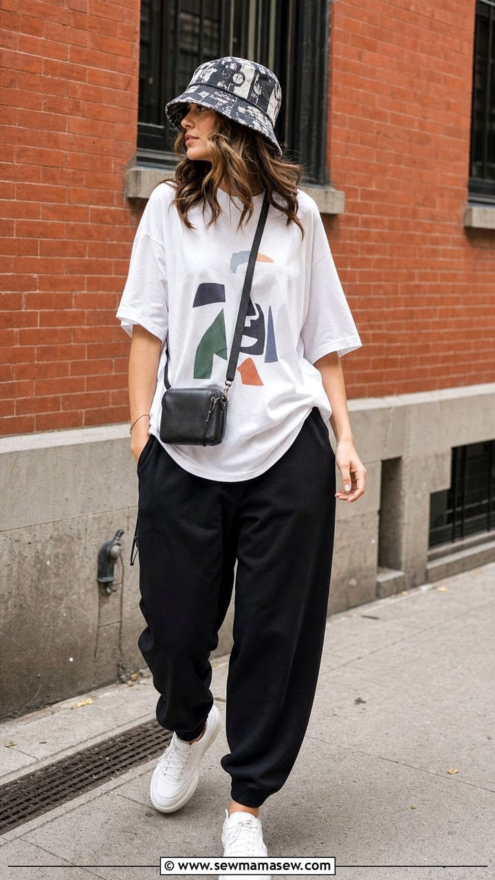Bucket Hat with Oversized Tee and Joggers - 25 cute streetwear outfits