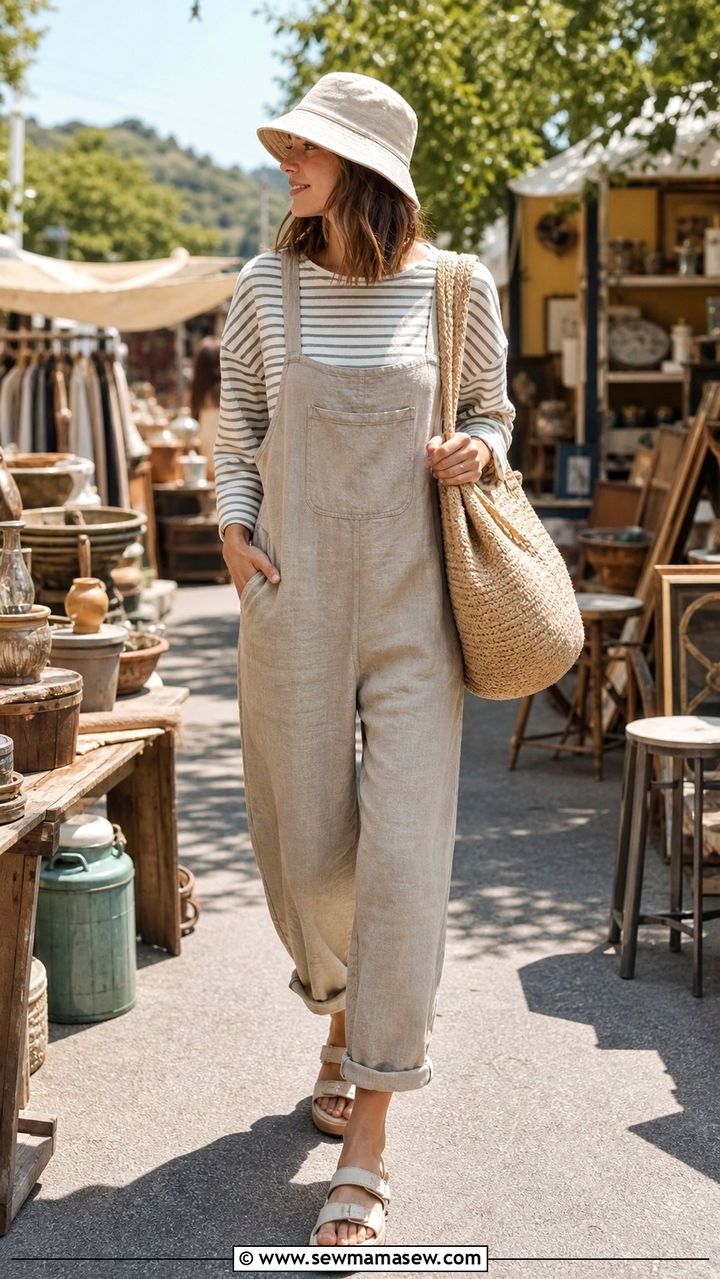 Bucket hat and linen overalls - 40 Spring shopping outfit ideas