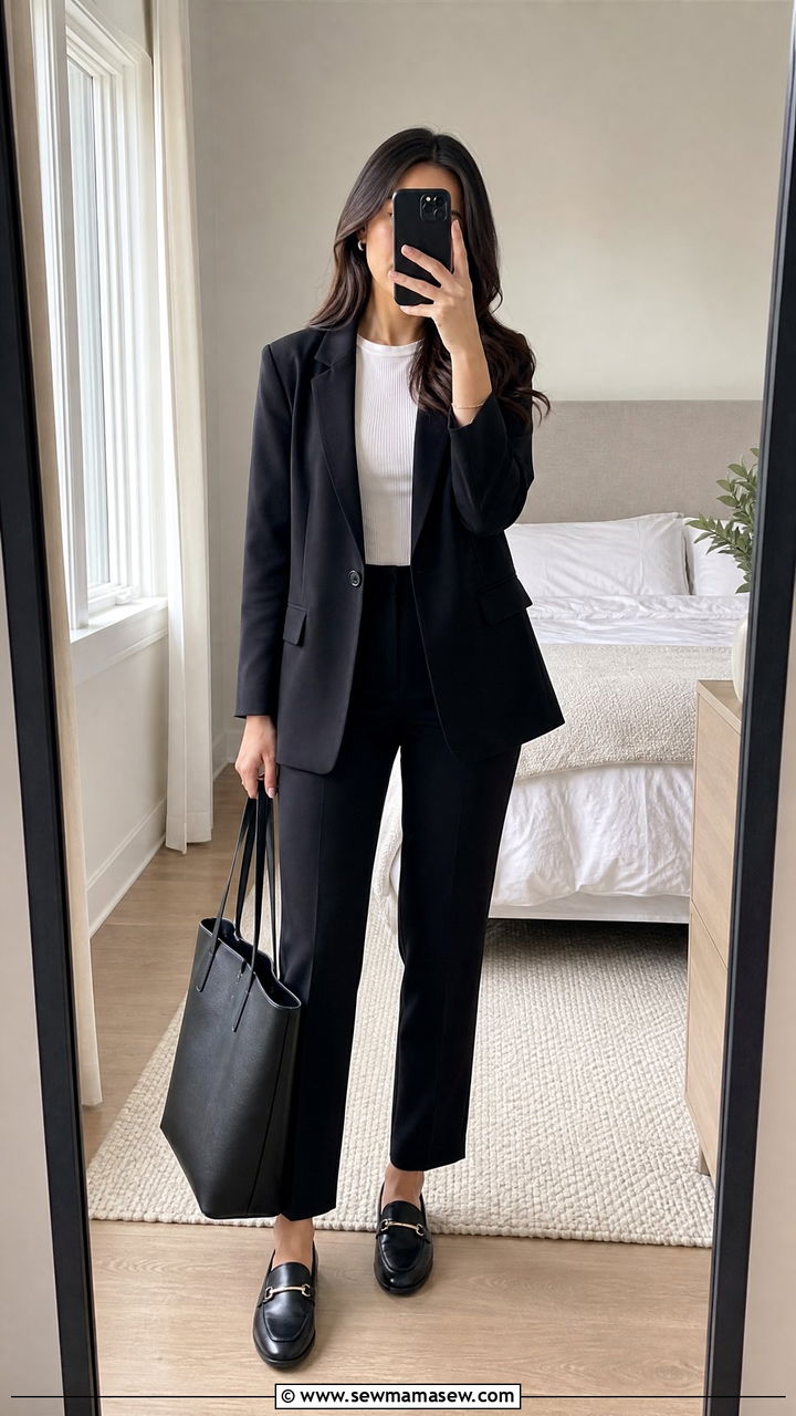 Budget friendly blazer over a ribbed tee and smart trousers - 35 job interview outfit ideas for women