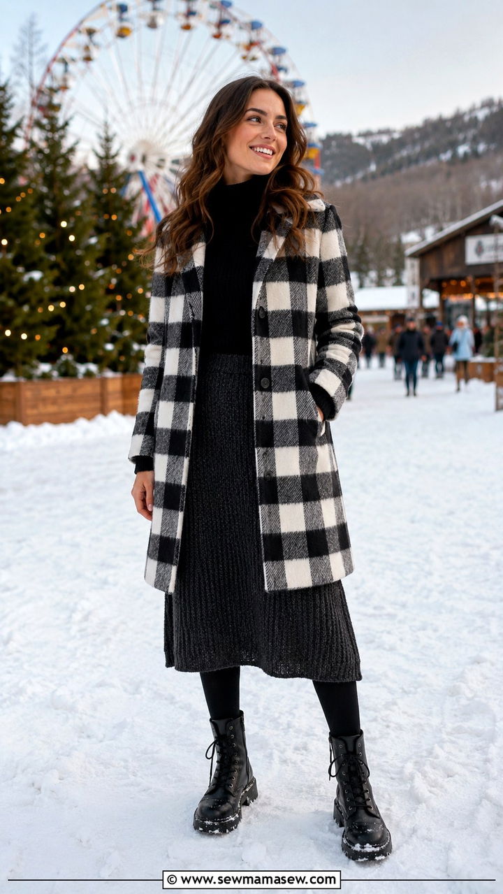 Buffalo Check Coat Turtleneck Sweater Midi Skirt And Fleece Lined Tights - 25 seasonal music festival outfit ideas