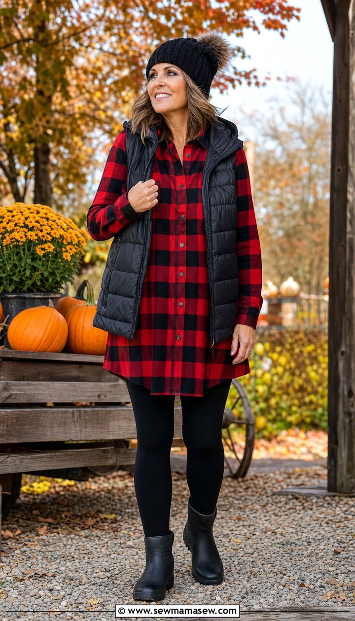 Buffalo Check Shirt Dress With Leggings And Puffer Vest - 25 shirt dress outfits for women over 40