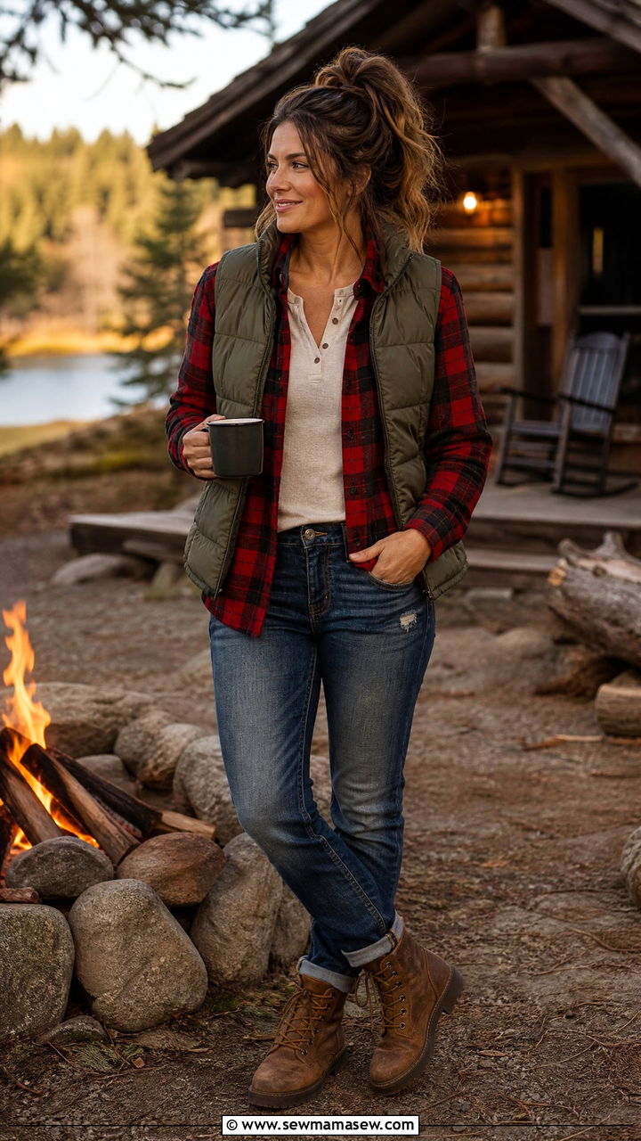Buffalo Plaid Flannel With Puffer Vest And Rugged Jeans - 35 Hygge outfit ideas