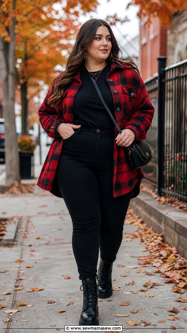 Buffalo Plaid Shacket With Black Jeans And Combat Boots - 30 Football game outfit ideas plus size