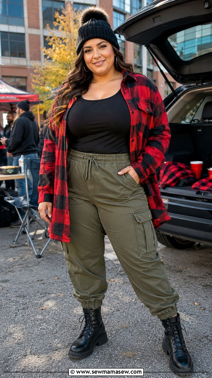 Buffalo plaid shacket with tank top and cargo pants outfit - 30 Plus size tailgate outfit ideas