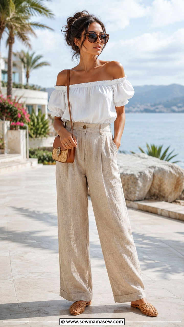 Bug eye sunglasses with off shoulder top and linen trousers - 20 summer outfits with bug eye sunglasses
