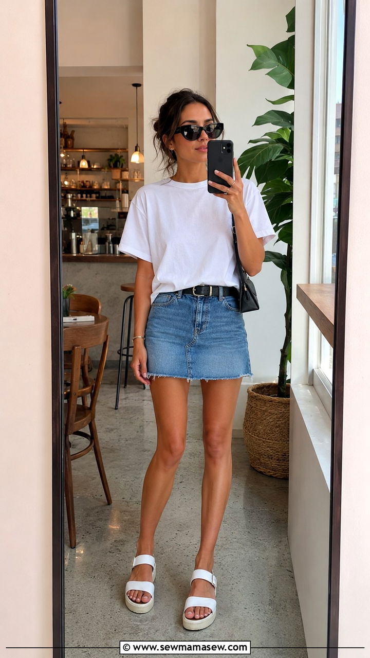 Bug eye sunglasses with white tee and denim mini skirt - 20 summer outfits with bug eye sunglasses