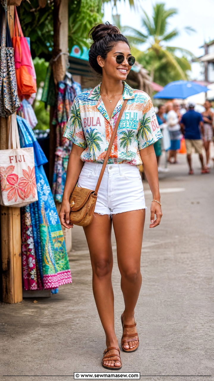 Bula Print Shirt With White Denim Shorts Fiji Casual Outfit - 25 Fiji outfit ideas