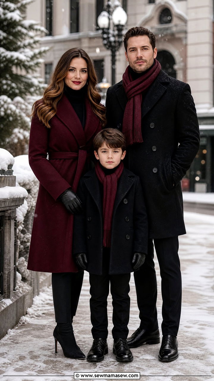Burgundy And Black For Bold Winter Family Portraits - 30 family photo outfits ideas