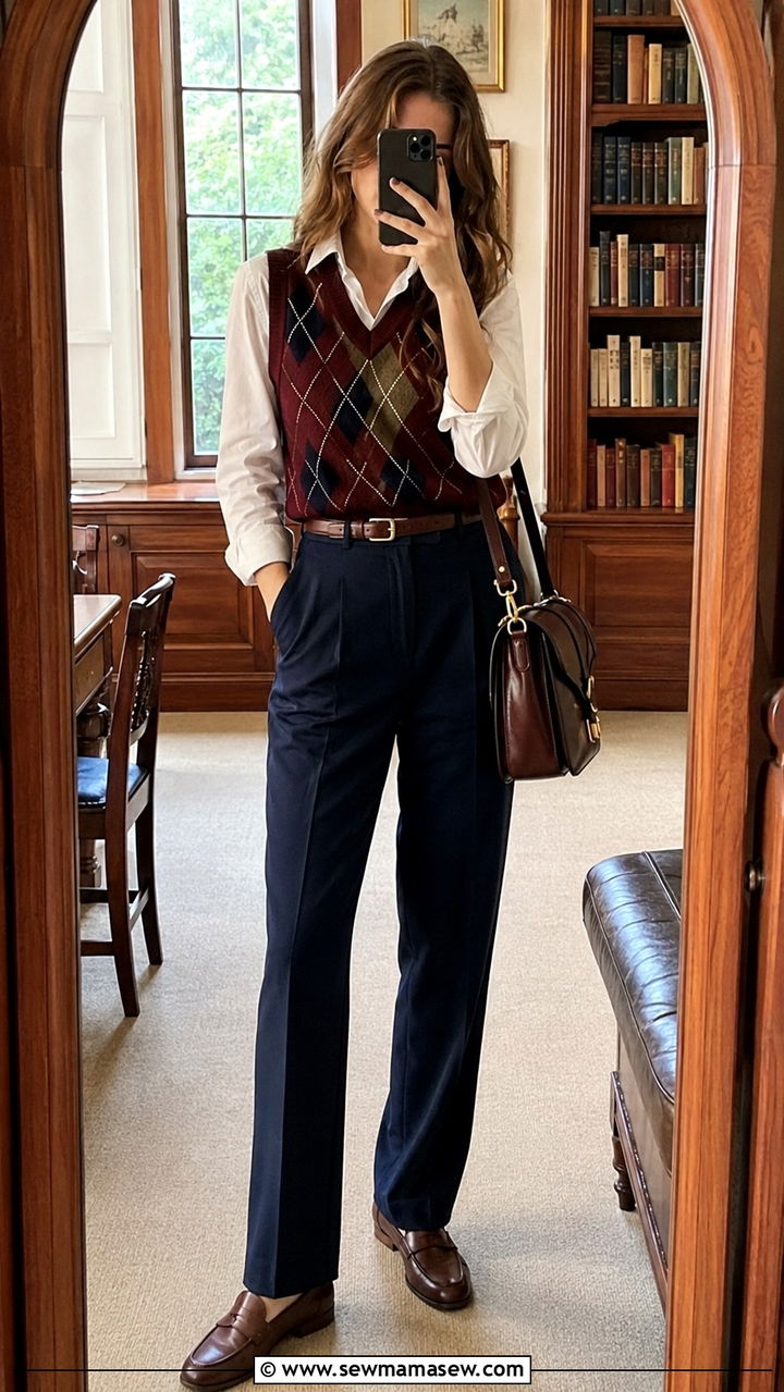 Burgundy Argyle Sweater Vest over White Oxford Shirt - 25 Old money outfit ideas with argyle sweater