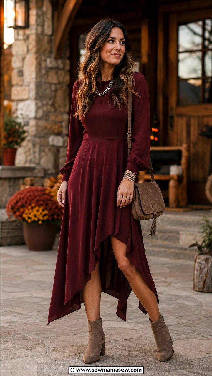 Burgundy Asymmetrical Hem Dress With Suede Booties - 30 transitional wedding guest outfit ideas