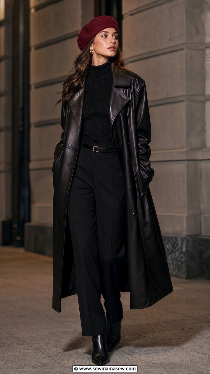 Burgundy Beret With Leather Trench Coat And Boots - 25 How to style a beret