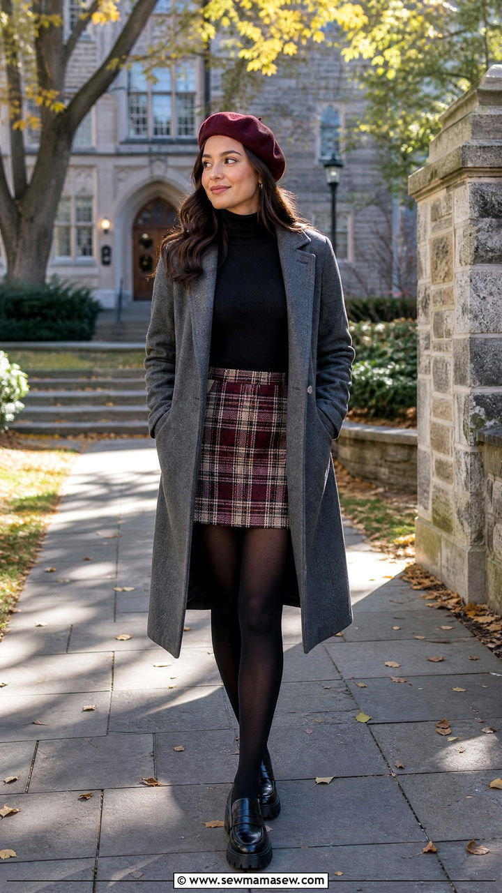 Burgundy Beret with Plaid Mini Skirt and Black Turtleneck - 25 French girl outfit ideas with beret