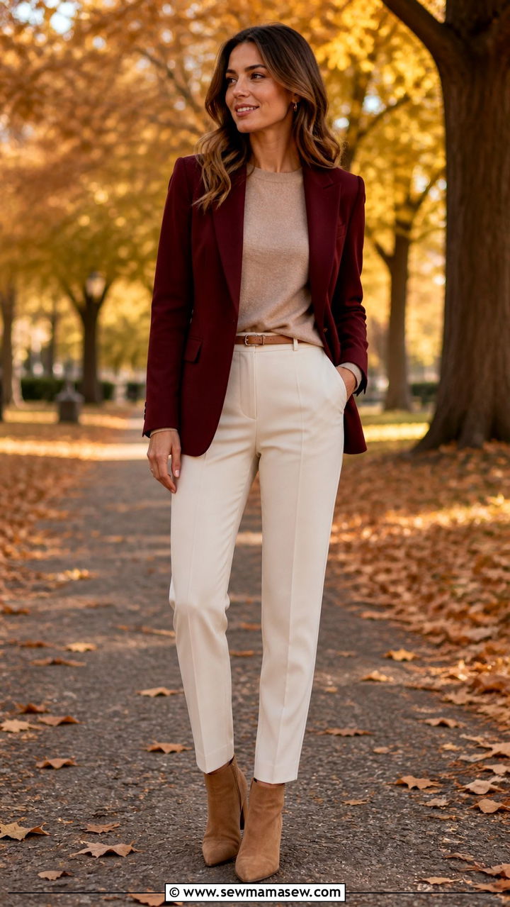 Burgundy Blazer With Beige Sweater And Cream Trousers - 40 blazer outfit ideas for women