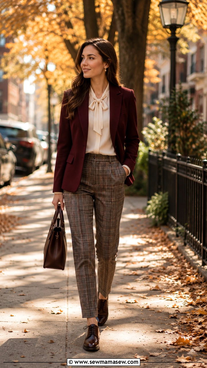 Burgundy Blazer With Neutral Blouse And Plaid Trousers - 30 Preppy work outfits