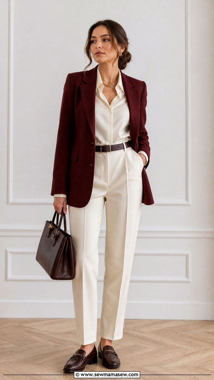 Burgundy Blazer and Cream Trousers Outfit - 30 Dark academia work outfits