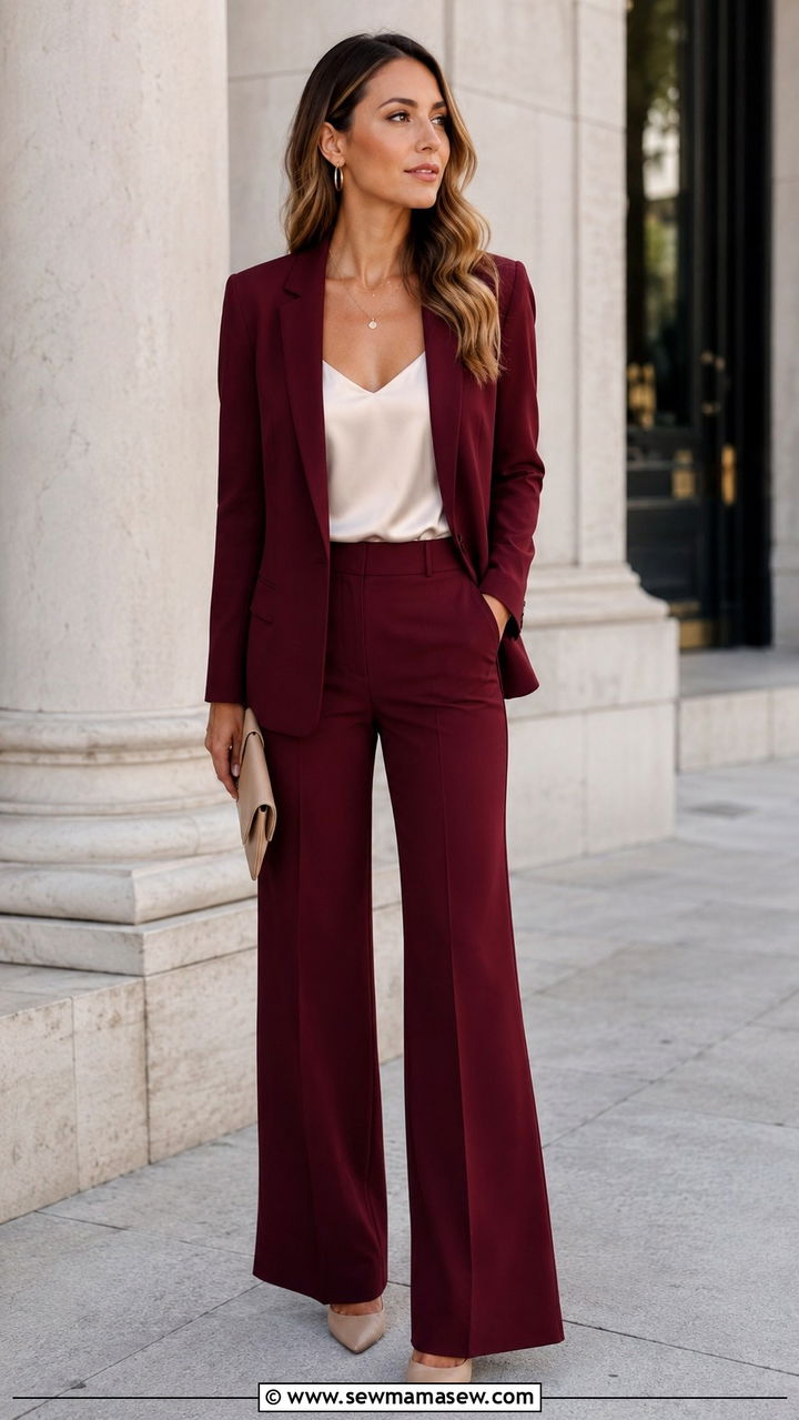 Burgundy Blazer and Trousers Wedding Guest - 20 Wedding guest outfit ideas burgundy dress 2026