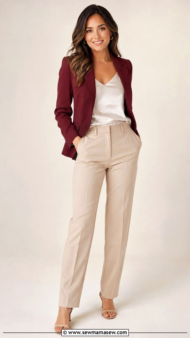 Burgundy Blazer with Beige Trousers and Silk Cami - 25 Professional headshot outfit ideas