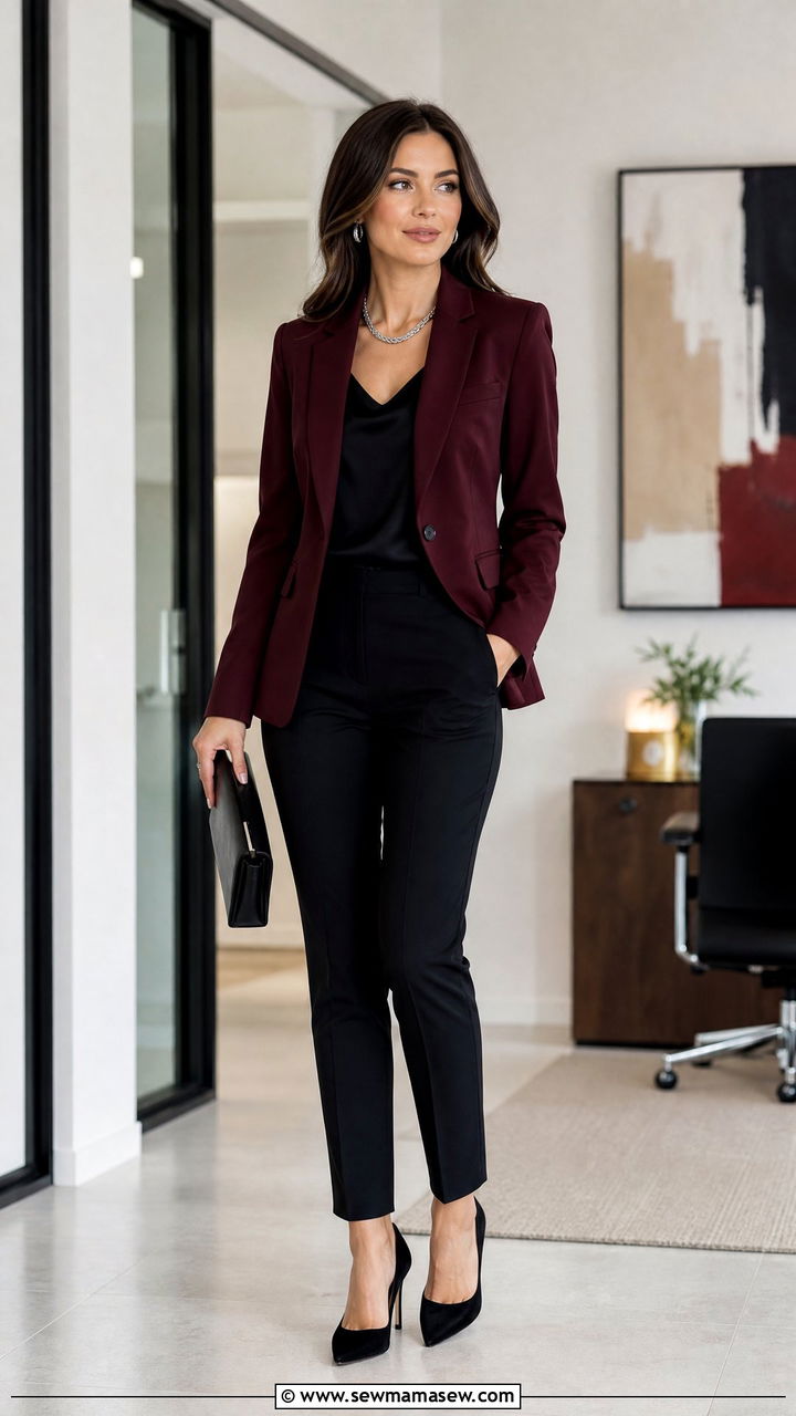 Burgundy Blazer with Black Trousers - 30 elegant outfit ideas for women