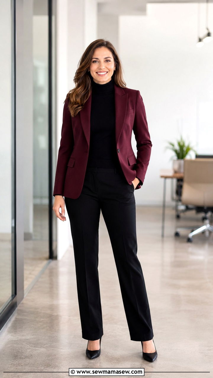 Burgundy Blazer with Black Turtleneck - 30 LinkedIn photo outfit ideas
