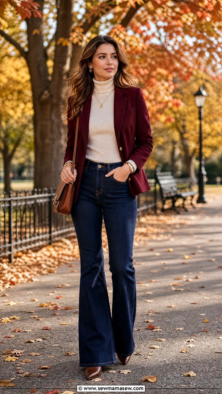 Burgundy Blazer with a Cream Turtleneck and Dark Flare Jeans - 30 Flare jeans outfit ideas with a blazer