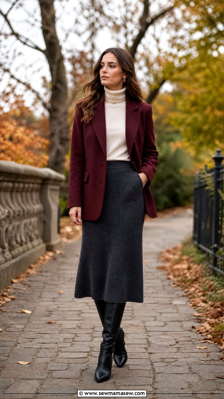 Burgundy Blazer with a Knit Midi Skirt and Knee Boots - 25 chic blazer outfit ideas