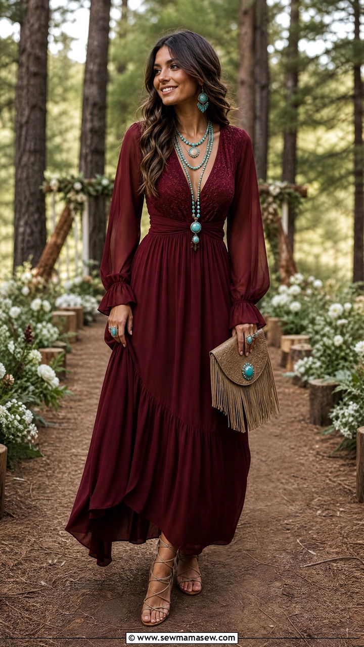 Burgundy Boho Maxi Dress With Sheer Sleeves - 25 Burgundy wedding guest dress outfit ideas