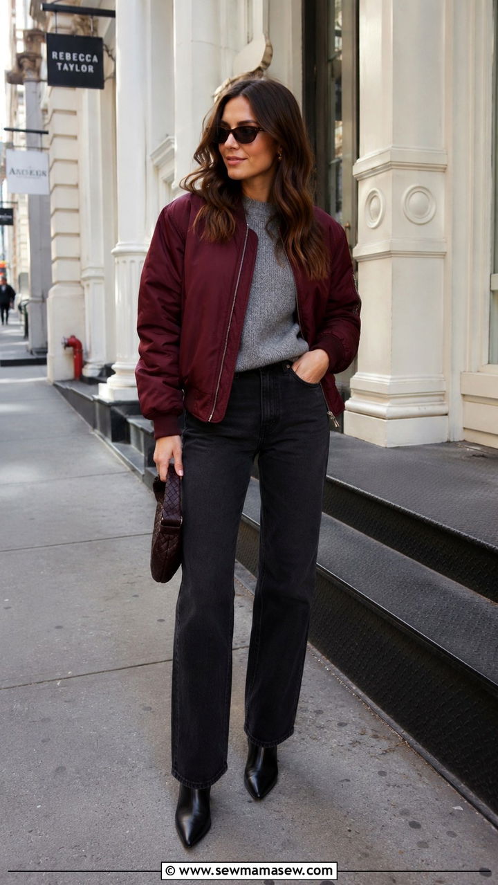 Burgundy Bomber Jacket With Straight Leg Jeans - 25 bomber jacket outfits for women over 40